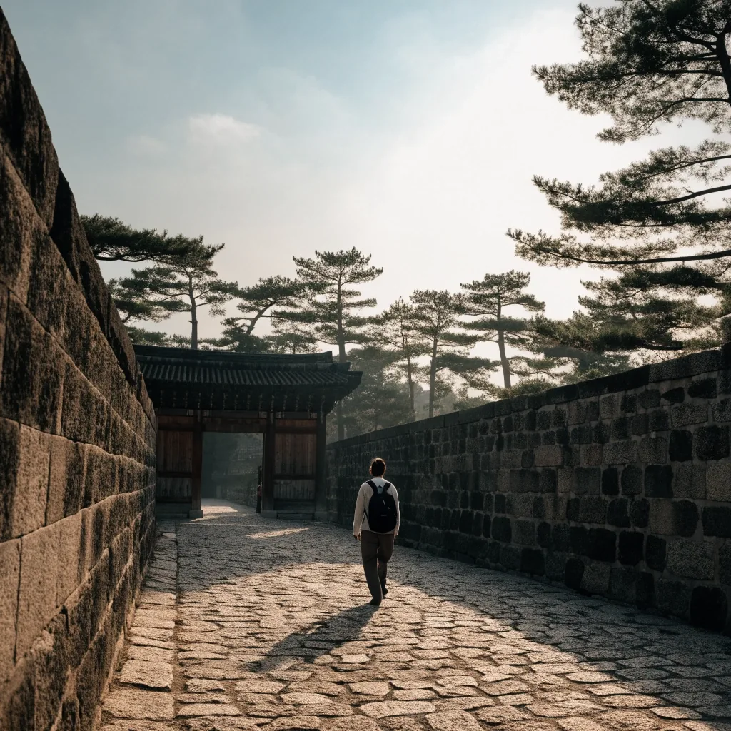 경복궁 돌담길을 걷는 여행자의 아침 풍경