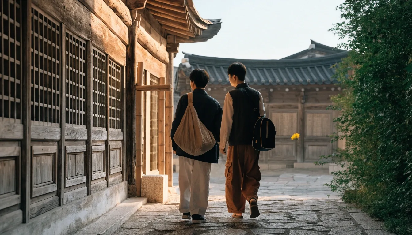 경주 한옥 마당을 걷는 여행자의 모습