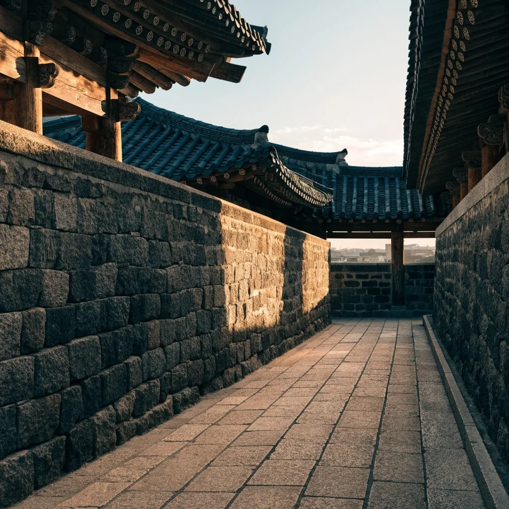 아침 빛이 드는 궁궐 돌담길