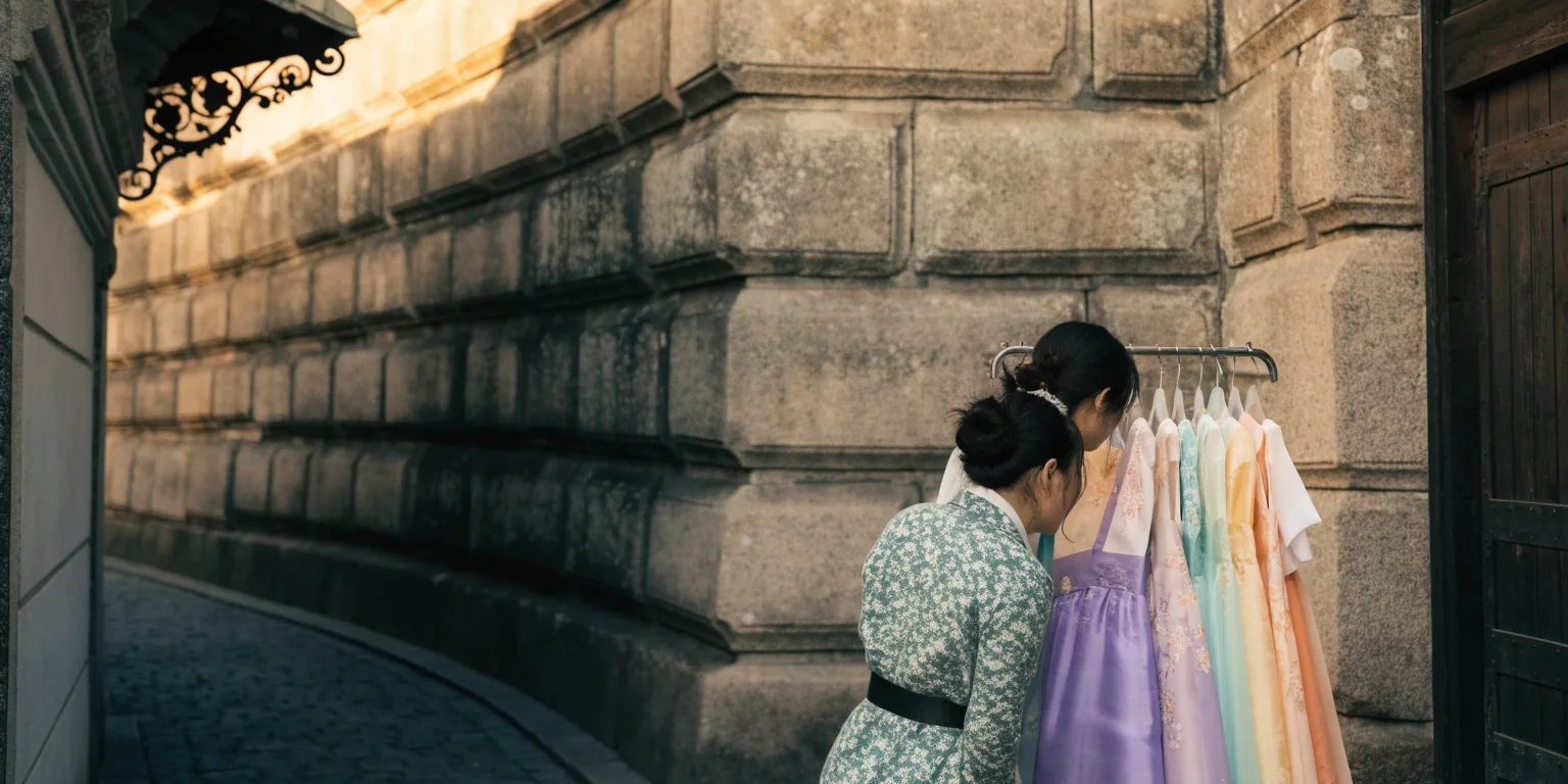 경복궁 근처 한복 대여 거리에서 한복을 고르는 모습