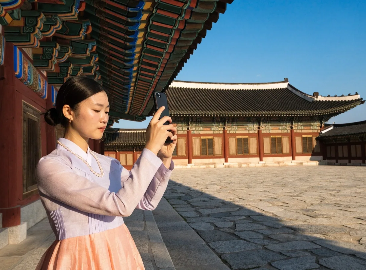 경복궁 마당과 단청 처마를 배경으로 사진을 찍는 한복 방문객