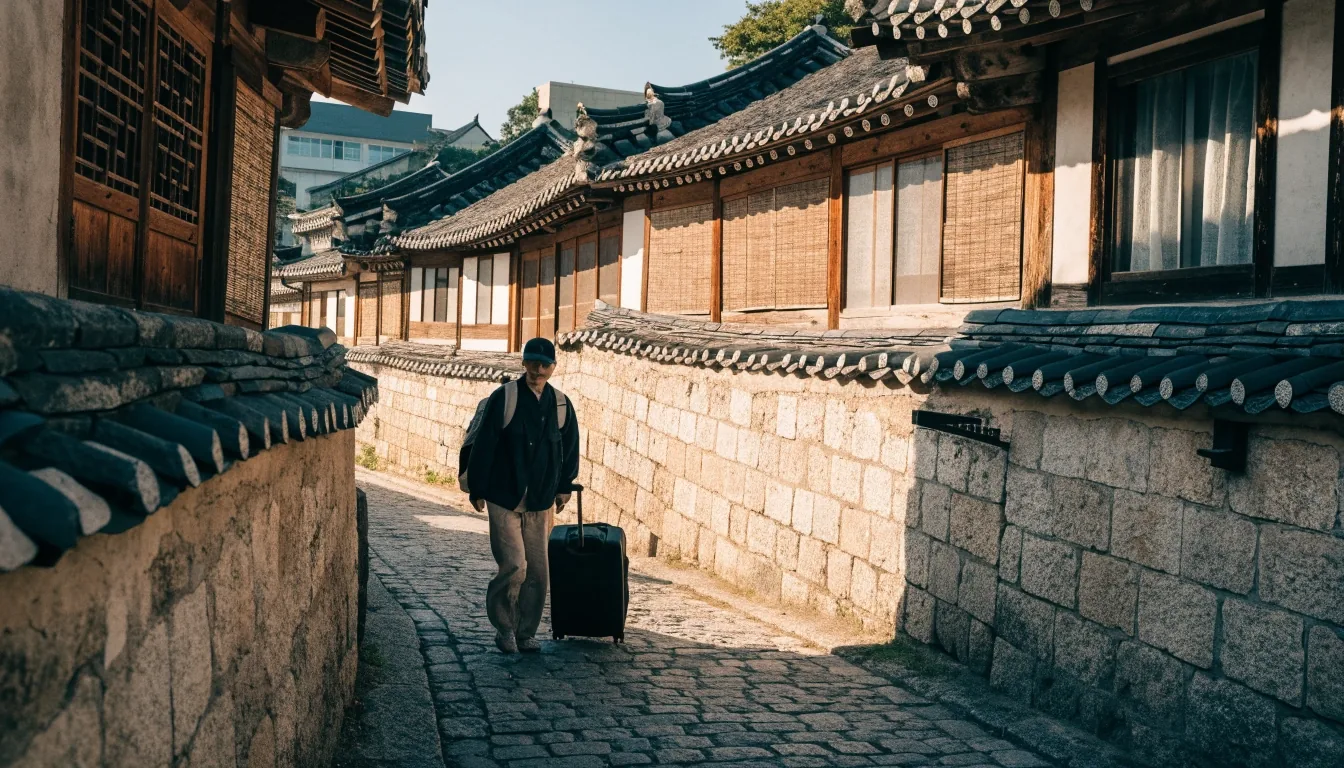 인천국제공항 환승 통로에서 창밖 비행기를 바라보며 이동하는 여행자