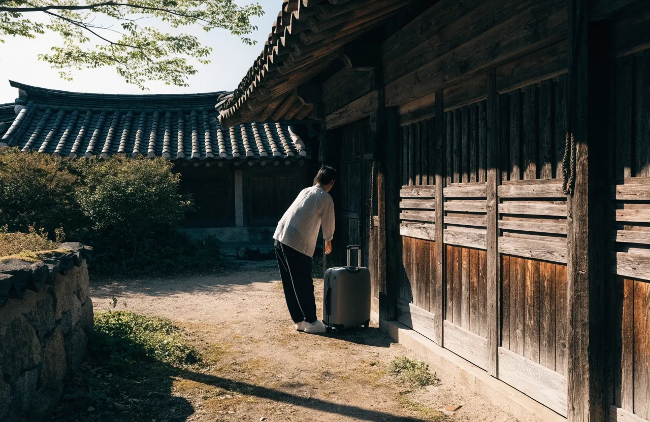 낮 시간 조용한 국내 숙소 마당에 놓인 여행 가방