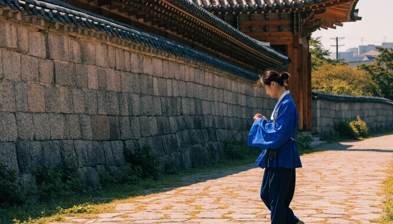 이른 아침 경복궁 근정전과 돌마당을 거니는 한복 방문객