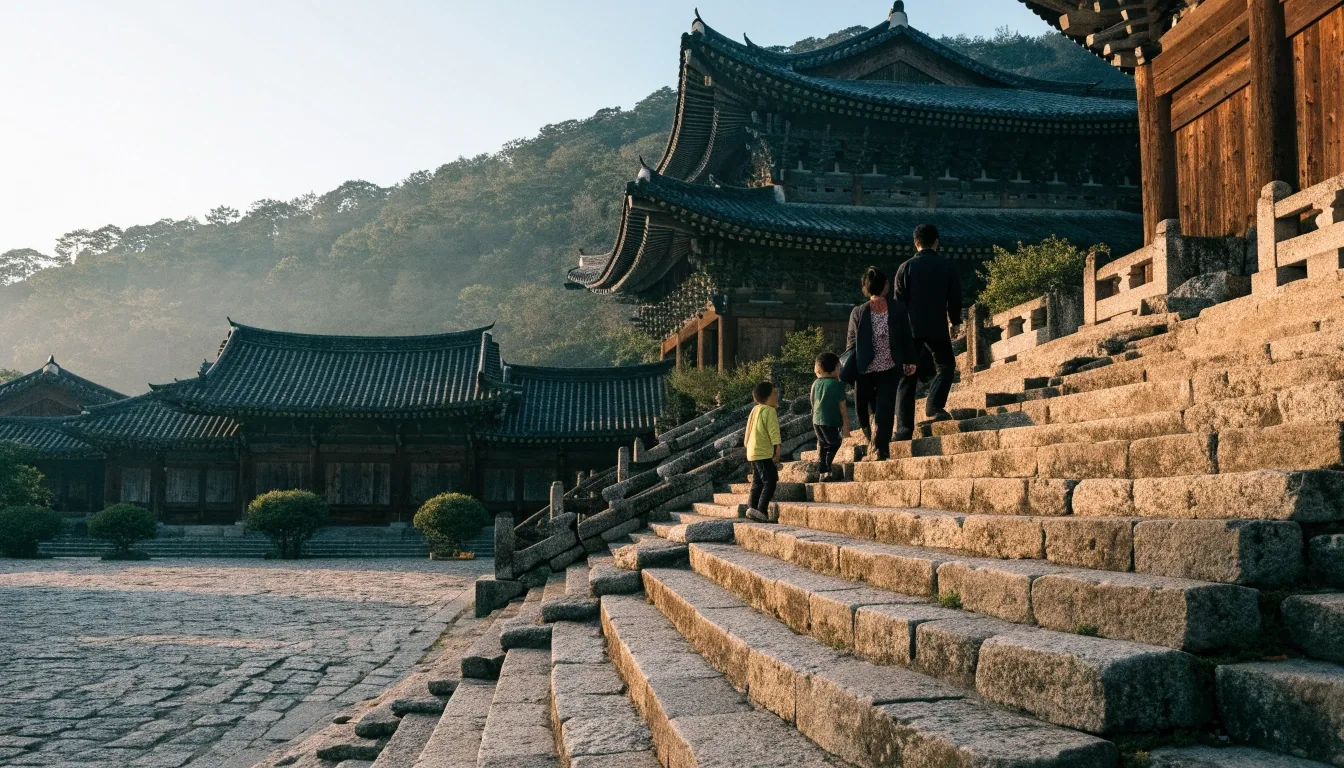 아침 빛에包긴 불국사 경내와 돌계단을 오르는 가족 여행자